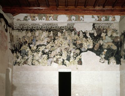 Battle tournament, with the Lancastrian SS collar with marigold flowers, emblem of the Gonzaga Family, in the frieze above, fragment of mural painting from the Sala del Pisanello by Antonio Pisanello